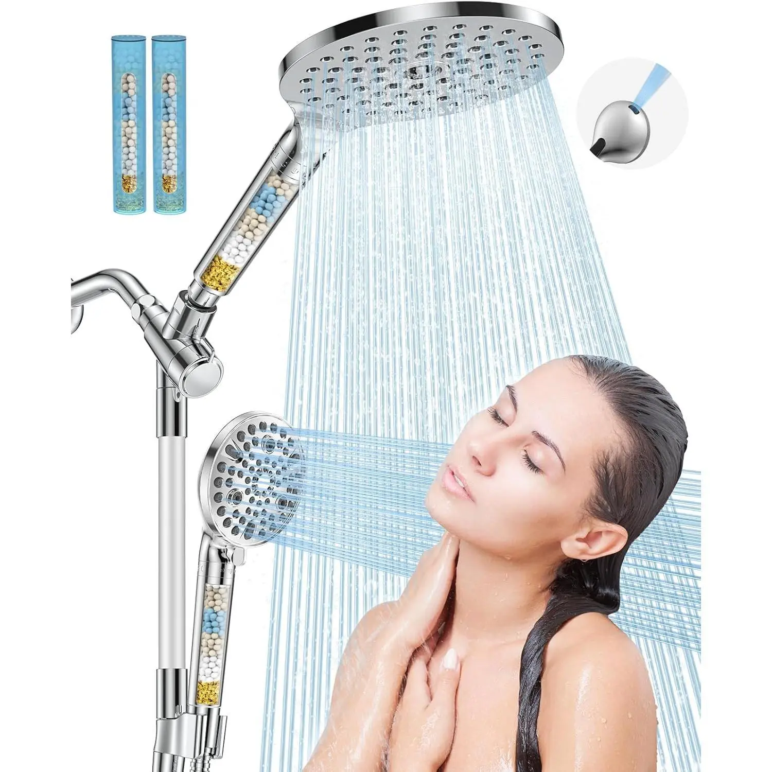 15-Mode High Pressure Dual Filtered Handheld Rainfall Shower Head Combo Set with Filter for Hard Water, Removes Chlorine, Improves Skin and Hair Condition, Modern Chrome