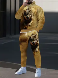 Men's American Style Wolf Print Sports Set, Tie-Dye Base Drawstring Hoodie, Casual Long Pants, All Seasons, Geometric Pattern