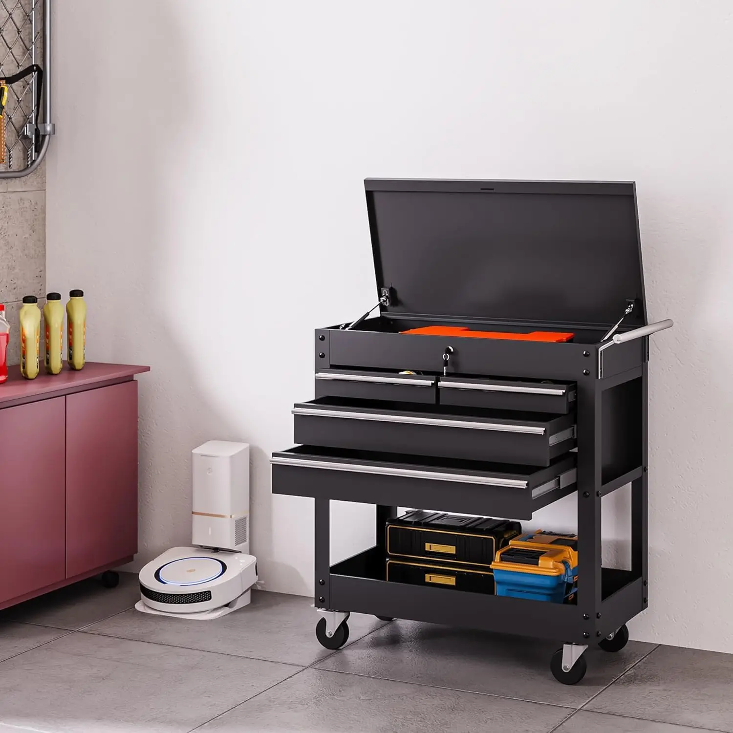 GARVEE4-Drawer Rolling Tool Chest, Tool Box Cart with Lock, Heavy Duty Metal Tool Cart On Wheels, Powder-Coated Steel, Tool Box Organizer