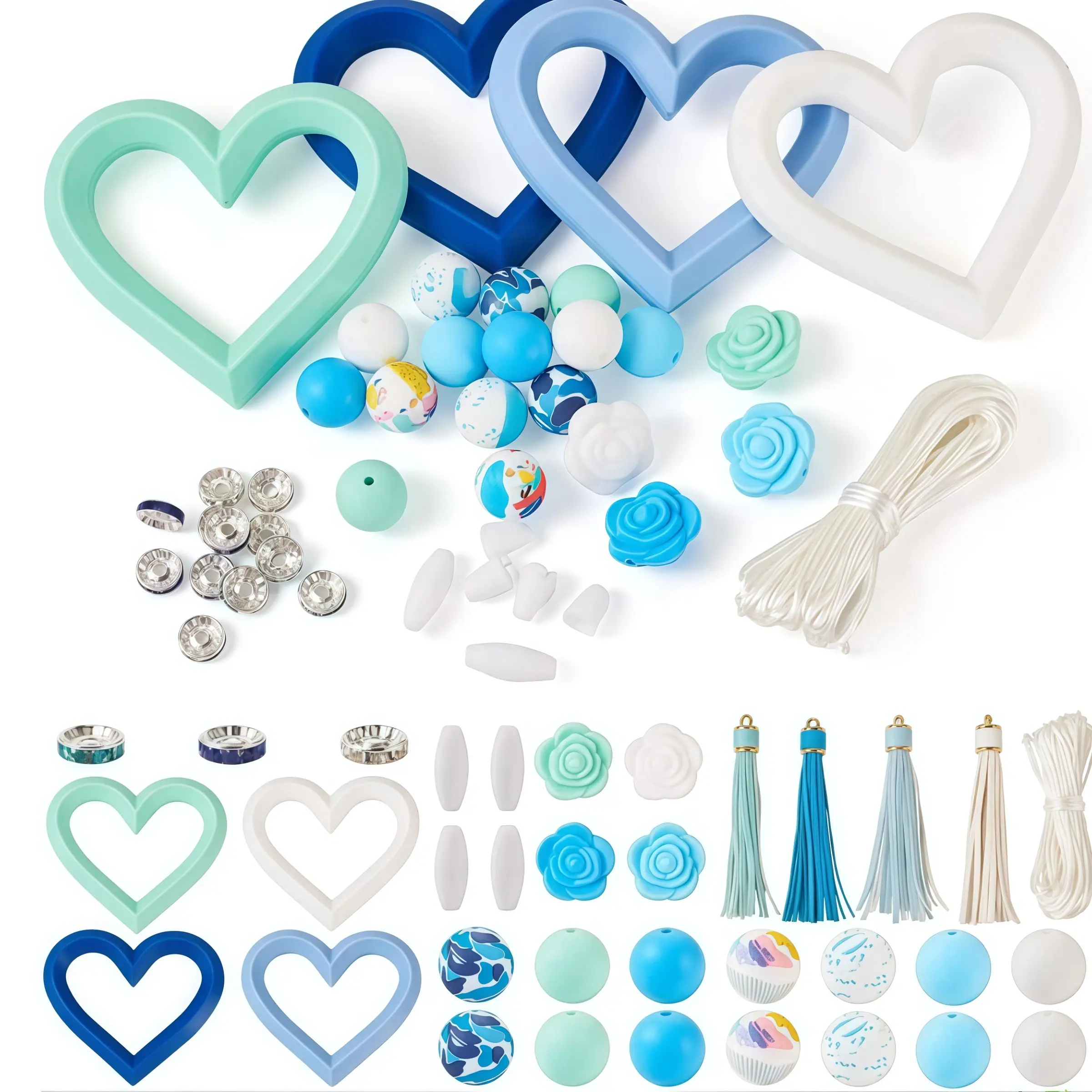 Heart-Shaped Silicone Bead Keychain Set, Round Beads, Tassel Rhinestone Spacer Kit, DIY Jewelry Making, Home Decor, Creative Handmade Projects