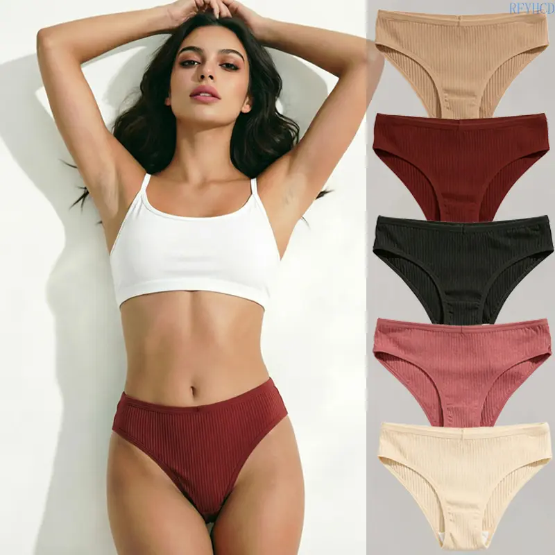 Women's Mid Waist Solid Ribbed Cotton Briefs, High Stretch Butt Lifting Underwear, Double-Layer Cotton Gusset, Breathable Daily Panties for Teens & Women