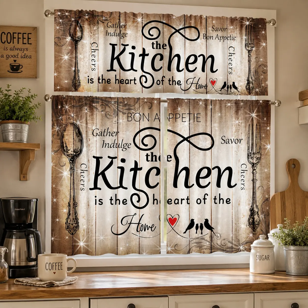 Farmhouse Kitchen Curtain Set - 2/3-Piece Polyester Rod Pocket Cottagecore Drapes, Rustic Fork Spoon Wood Plank Print, Fun Quotes, 3-Piece Set for Indoor Kitchen, Dining Room Decor, Cottagecore Curtains