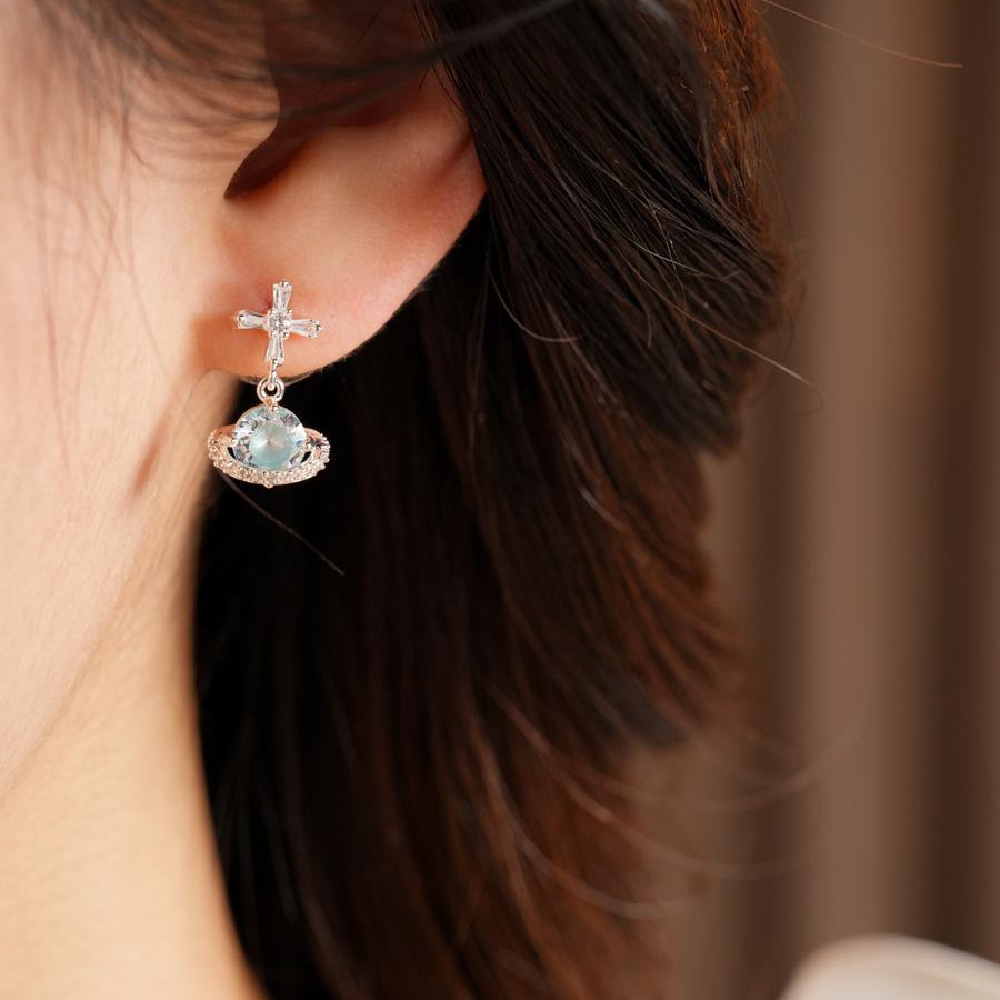 925 Silver Needle Cross Saturn Earrings | Minimalist Cool Style Zircon Planet Earrings Luxury Jewelry