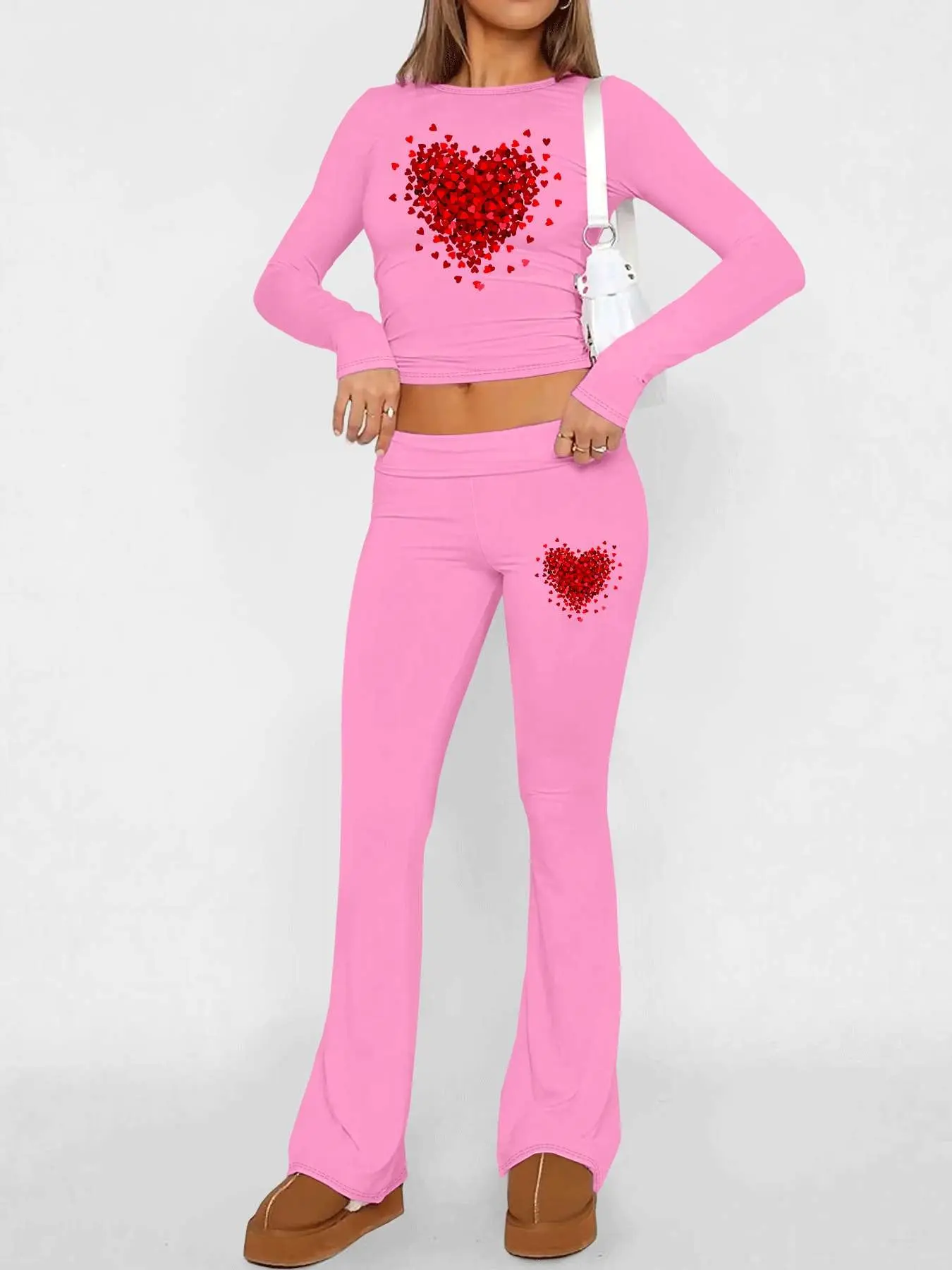 Valentine’s Day Heart Pattern  Print Women's Spring & Fall Fashion Long Sleeve Crop Top Set, Casual Slim-Fitting Tee + Flare Pants, Plain Pattern, Natural Waist.Breathable Comfort, TikTok Trending T-shirt Women ，Outfit Murah T-shirt Wanit,Comfortable Fabr