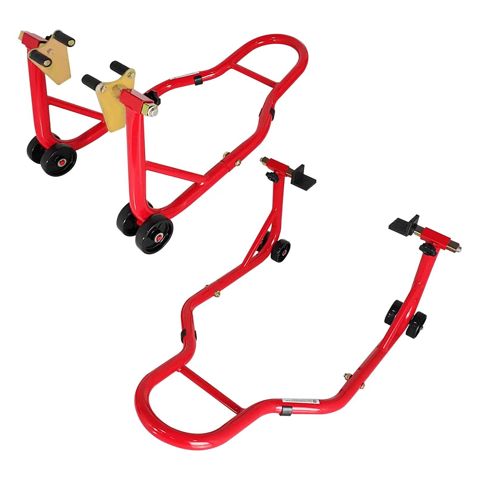 900 lb Motorcycle Stand Combo – Adjustable Front & Rear Paddock Lift with U & L Spool Adapters – Maintenance & Cleaning – Fits Most Bikes – Red/Yellow