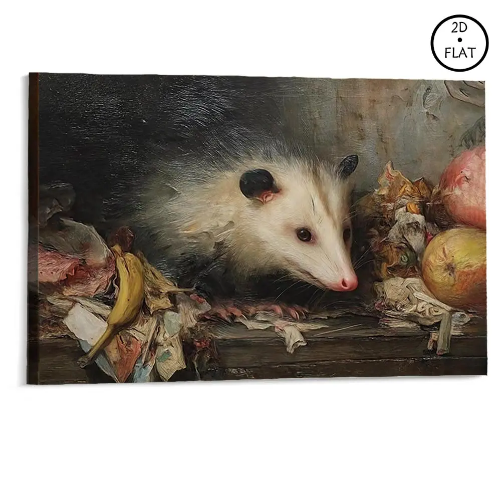 Antique Possum Horizontal Poster - Vintage Canvas Print, Quirky Cottagecore Wall Art, Animal Portrait Decor, Humorous Artwork, Unique Home Gift Ideas, woodland critter wall hanging, vintage opossum art print, whimsical wildlife housewarming gift