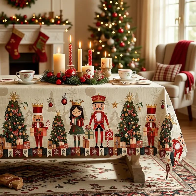 Christmas Nutcracker & Gingerbread House Printed Polyester Tablecloth - Oval/Round, Machine Wash, for Festive Kitchen Dining, Room, Party Use, Clearance Sale, Party Decor