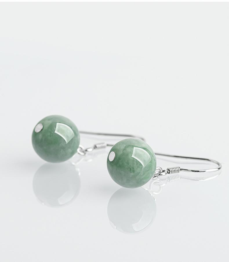 Natural A-grade jade emerald green round bead earrings S925 silver inlaid jade fashionable women's earrings and earrings with ethnic style