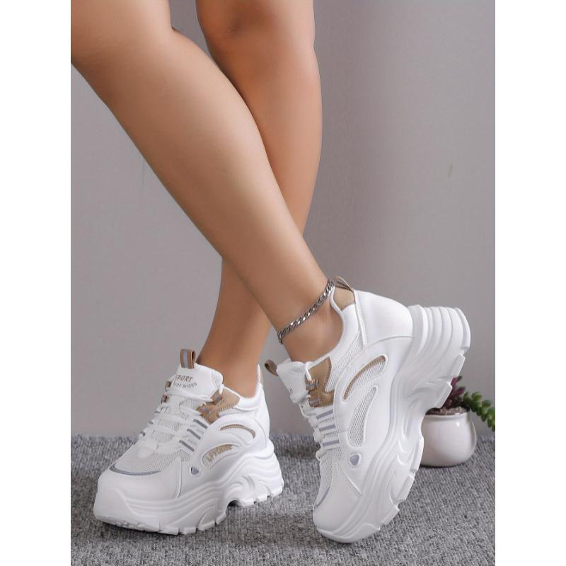 Versatile Comfy Mid-Top Solid Color Mesh Sneakers - Lace Up, Round Toe, Heightening Thick Rubber Sole, Breathable Fabric Upper, All-Season Casual Shoes for Women