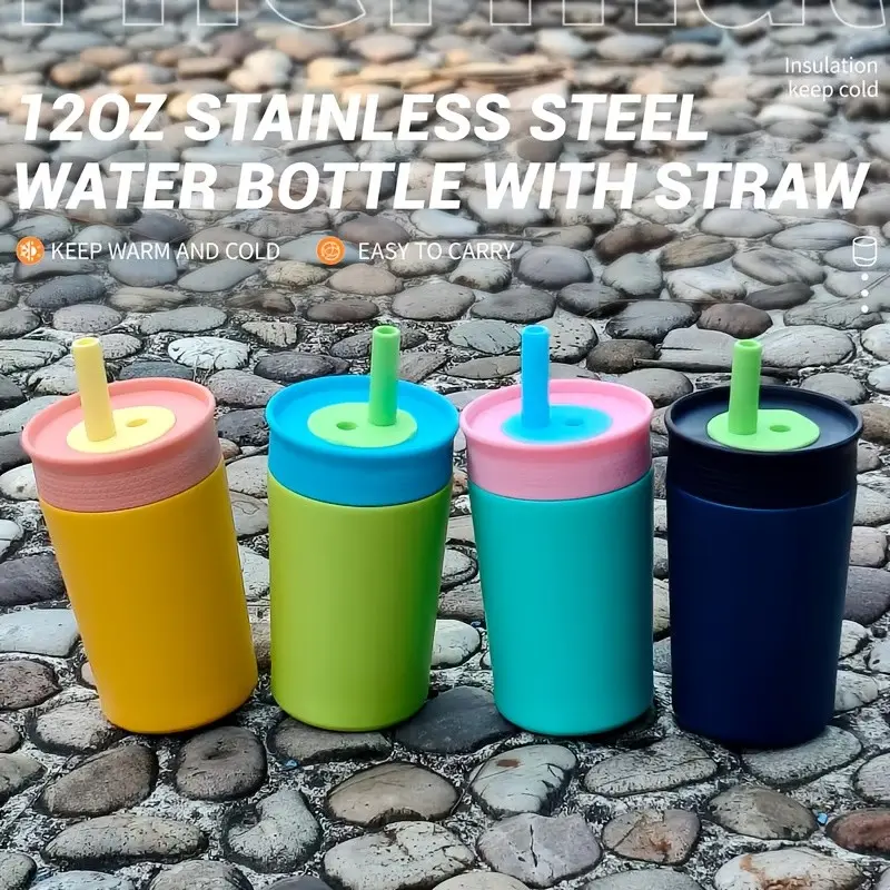 Portable Stainless Steel Insulated Cup with Straw, Vacuum Flask for Coffee, Water, Outdoor Use, Travel Mug, Gift for Women, Kids