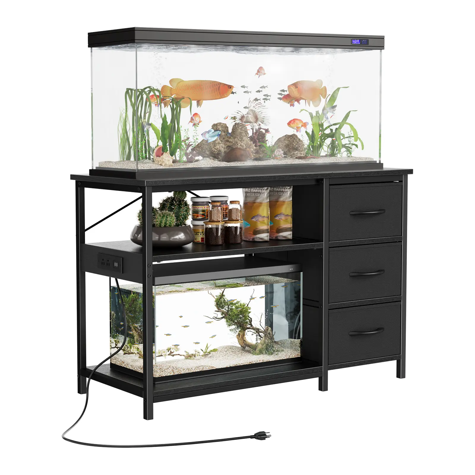 55-75 Gallon Aquarium Stand, 1000lbs Capacity, LED Light, Power Outlet & USB, Dual Tank Storage Cabinet for Fish & Reptile, Heavy Duty, Black