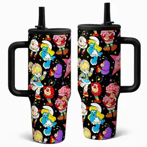 1pcs 40oz Vintage 80s Cartoon Collage Tumbler With Handle & Straw, Retro Rainbow Brite Smurfette Strawberry Shortcake Print Stainless Steel Insulated Travel Cup, Nostalgic Gift For 90s Fans