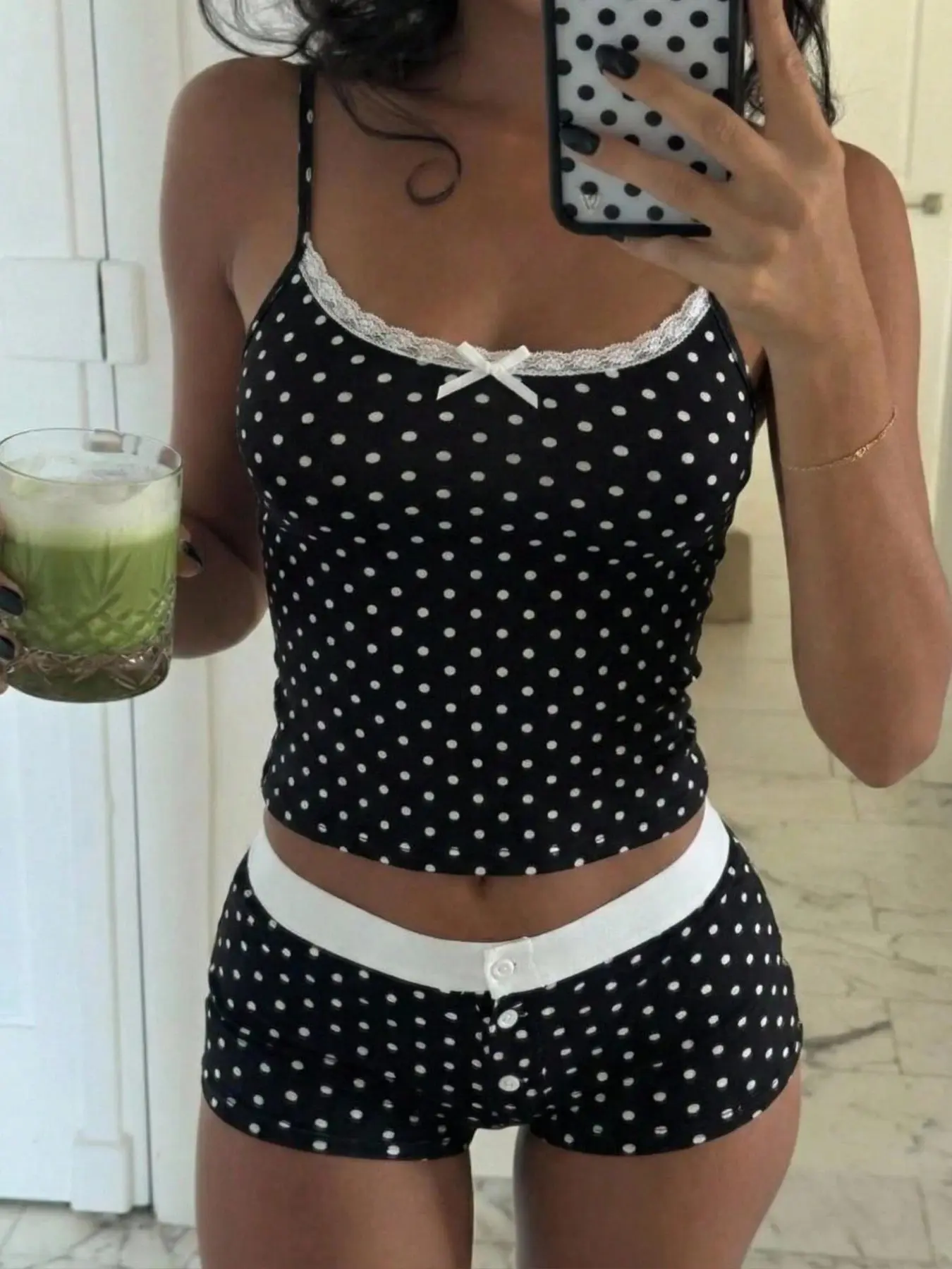 Women's Polka Dot Lace Trim Bow Spaghetti Strap Crop Top & Button Front Elastic Waist Shorts 2 Piece Loungewear Set, Matching, Black White Outfit for Daily Home Wear, Sleepwear, Casual Errands for Ladies