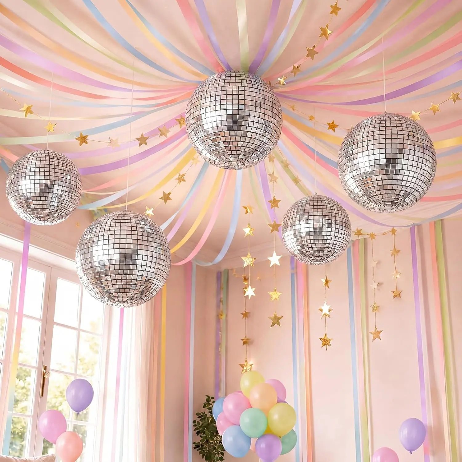 14-Piece Shiny Retro Pastel Party Decoration Set with Disco Ball Balloons, 492ft Colorful Crepe Streamers, 2 Garlands, Tape, Door Decor for Birthdays, Graduations, Crepe Paper
