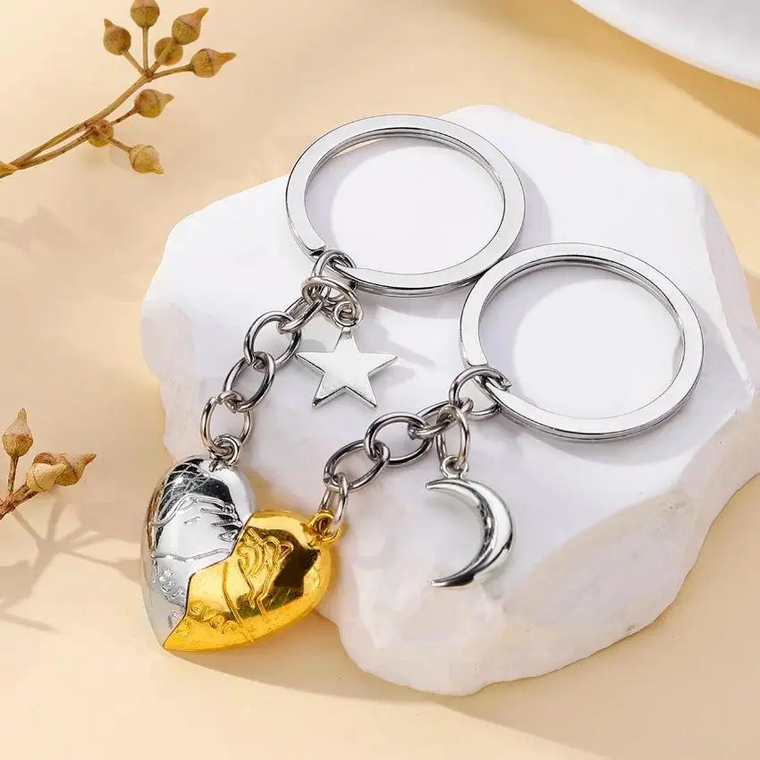Couples Keychain Set Synthetic with Magnetic Star-Moon-Heart Charms DIY Bag Accessories Unisex Gift for Everyday Use