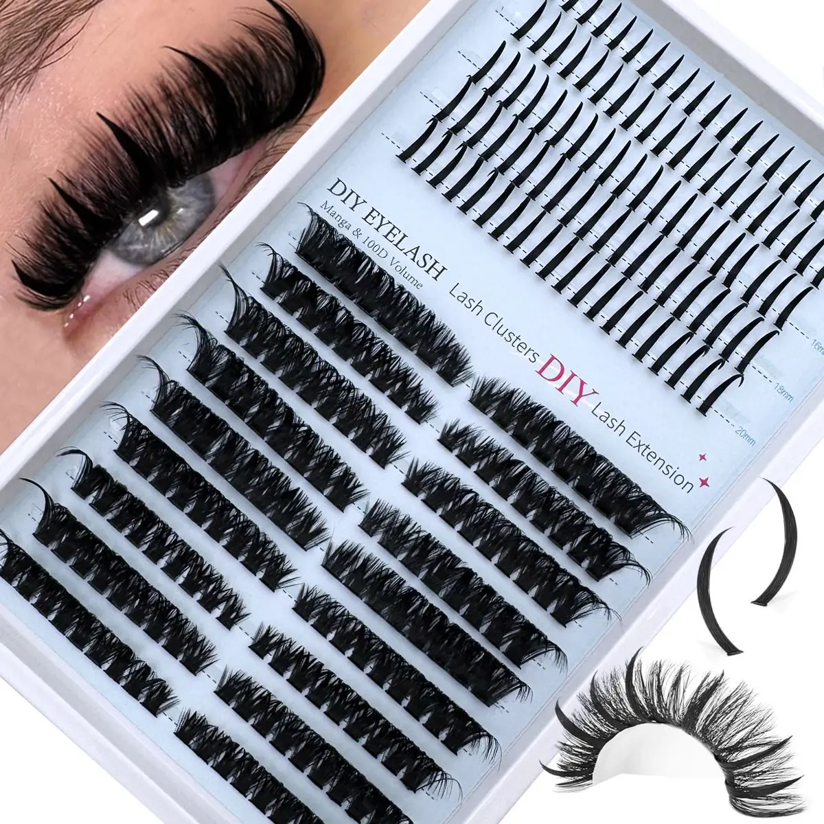 Russian Lash Extensions Spikes Lash Individuals 80D 100D Volume Eyelash Clusters D-Curly Lash Clusters Kit 12-20MM DIY Eyelash Extensions, 2 Styles Lash Clusters, Natural Look, Reusable, Volume Cluster Eyelashes