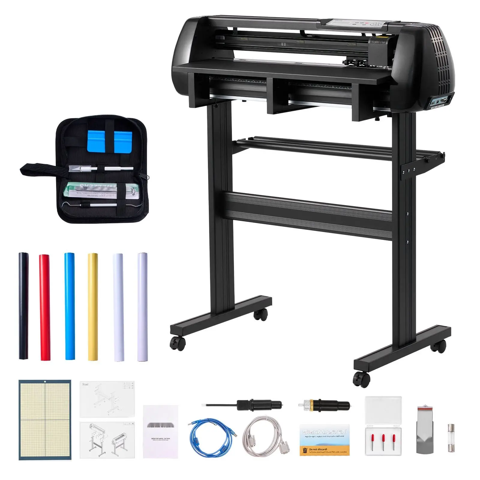 Vinyl Cutter Machine With 28-Inch Maximum Feed Width, Dual Blades, Adjustable Force And Speed, LED Display, Vinyl Plotter Cutter Printer Bundle With Sticker Sheets, Transfer Film, Signmaster Software