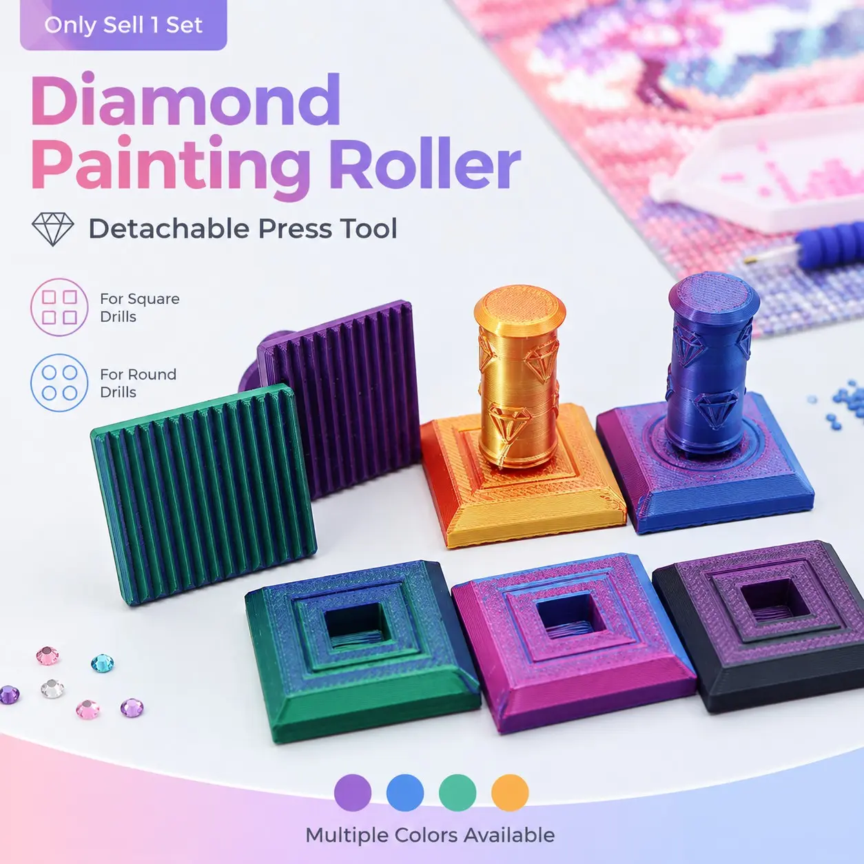 DIY Diamond Painting Roller with Detachable Ergonomic Brush, Diamond Art Painting Embossing Roller, 3D Printed Drill Press Tool with Non-Slip Grip, for Multi-Color Square & Circular Drills