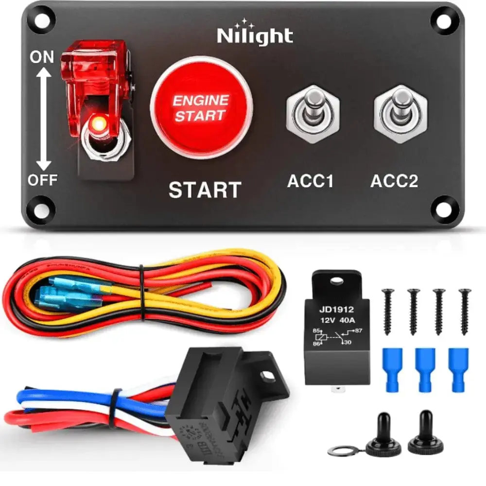 Nilight 4-in-1 Aluminum-Carbon Fiber Ignition Rocker Switch Panel with LED Lights, Push Button, Safety Cover, 12V Rating - Complete Kit for Racing Cars, Boats