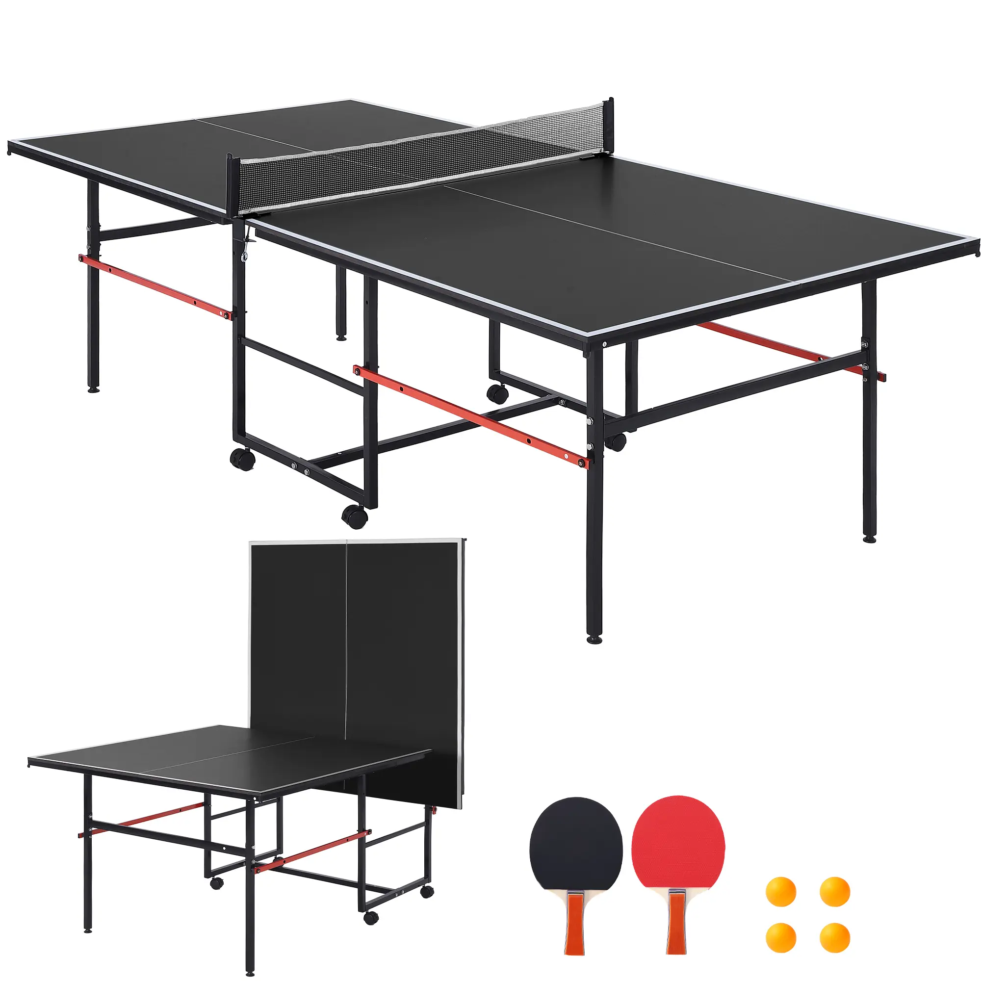 8 ft Portable Metal Aluminum Alloy Ping Pong Table - Indoor Outdoor Foldable Frame Table with MDF Surface, Waterproof Net, 2 Paddles, 3 Balls, Quick Assembly, Single Player Playback Mode (91.3 lbs) for Adults