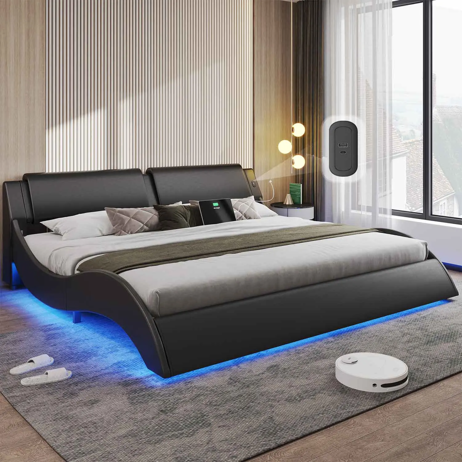 SIKAIC Modern Black Waterproof Faux Leather LED Bed Frame - Ergonomic Headboard, App/Remote RGB LED Light Contoured Platform, Lounge Base, Integrated Power Panel, Fluid Geometric Lines (Queen/California King, Type-C+USB Ports, 94.48"l x74.8"w x29")