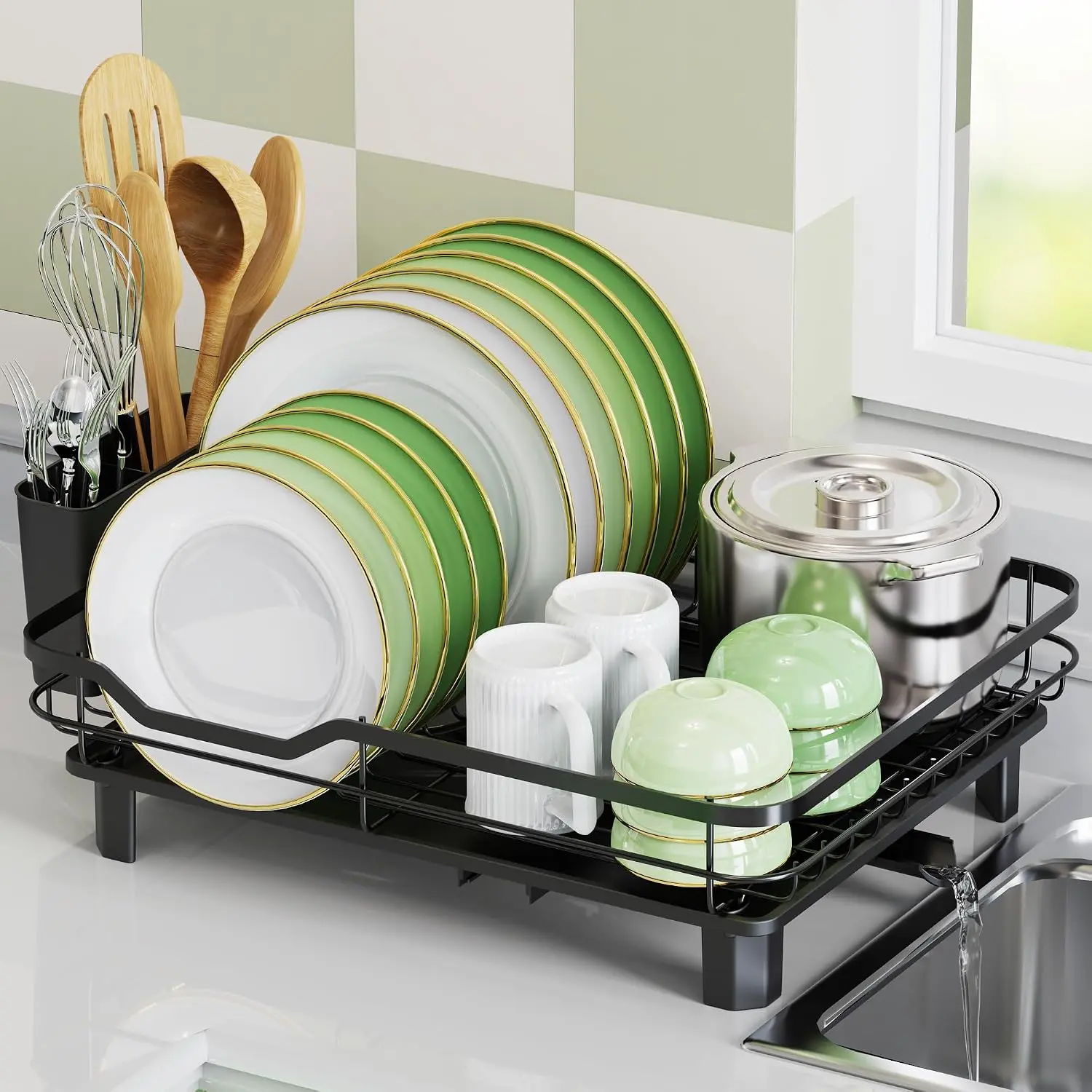 Dish Drying Rack, Stainless Steel Rustproof Dish Rack for Kitchen Counter, Sturdy Dish Drainer with Drainboard, Drainage, Utensil Holder for Various Kitchenware, 16.2"(L) x 12.6"(W), Black