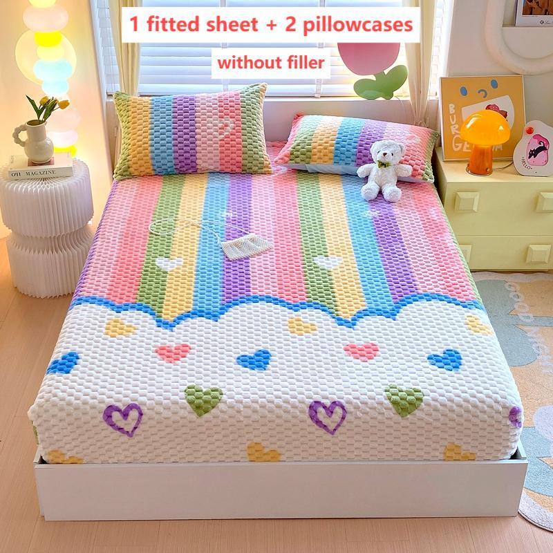 Thickened Cartoon Bedding Set, 1 Count Fitted Sheet & 2 Counts Pillowcase without Filler, Warm Touch Dustproof Soft and Comfortable Bedding, Soft Breathable Sheet, Bedding Sheets, Suitable for Bedroom and Guest Rooms, Comfy Bedding Set #GLOBAL PICKS