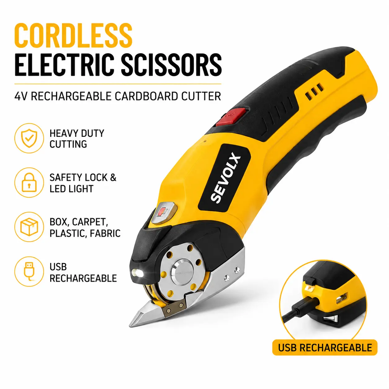 SEEVOLX Cordless Electric Scissors, Rechargeable Power Scissors with LED Light & Safety Lock, Heavy Duty Fabric, Cardboard & Packaging Cutter