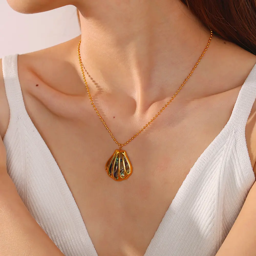 Women's Seashell Jewelry Set: Exquisite gold-tone abalone shell necklace and earrings featuring a sparkling, openwork ocean-inspired pendant—a beautiful gift perfect for summer beach parties.