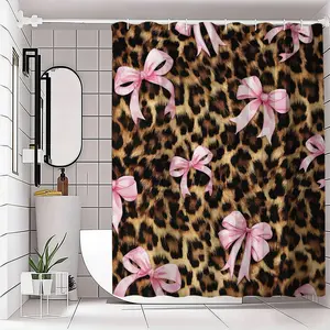 1/4 pcs leopard print and pink bow pattern shower curtain set, non-slip floor mat, U-shaped carpet, toilet lid cover, Bathroom Accessory, perfect for bathroom decoration, partition, 12/24 shower curtain hooks are included