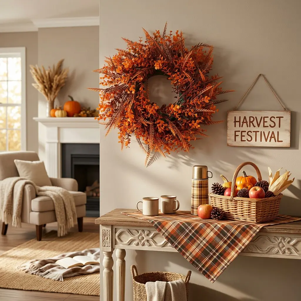 Autumn Wreath with Artificial Eucalyptus Leaves and Wheat Stalks, Realistic Dry Reeds Decor, Thanksgiving Door Hanging, Home Décor Gift, Fall Decor