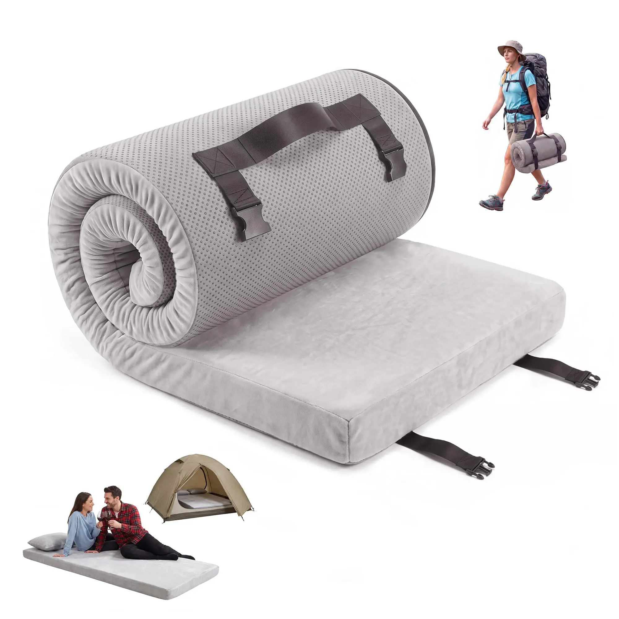Memory Foam Camping Mattress Pad, 3 Inch Thick Portable Roll Up Sleeping Pad, Non-Slip Camping Bed Pad for Tent, Camping, Car Travel, Guest Floor Bed, Kids Play Mat, Pet Mat