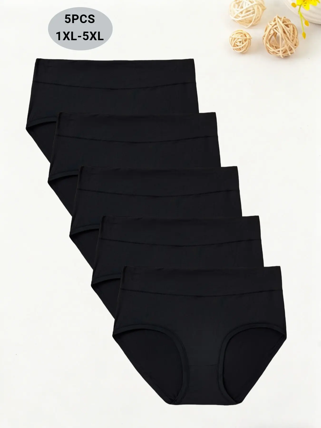 5-Pack Women's Plus Size High-Waisted Solid Color Stretch Stretchy Breathable Triangle Panties, Soft Comfort, Simple Fit, Casual Daily Wear Underwear
