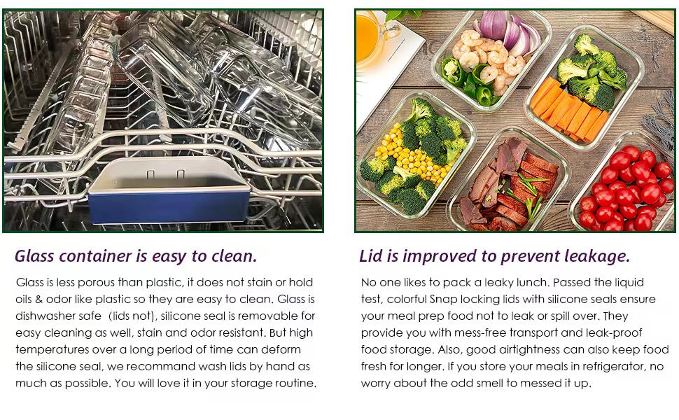 10 Pack Glass Food Storage Containers with Lids Leakproof, Airtight Glass Meal Prep Containers For Lunch, On The Go, Leftover, Dishwasher Safe