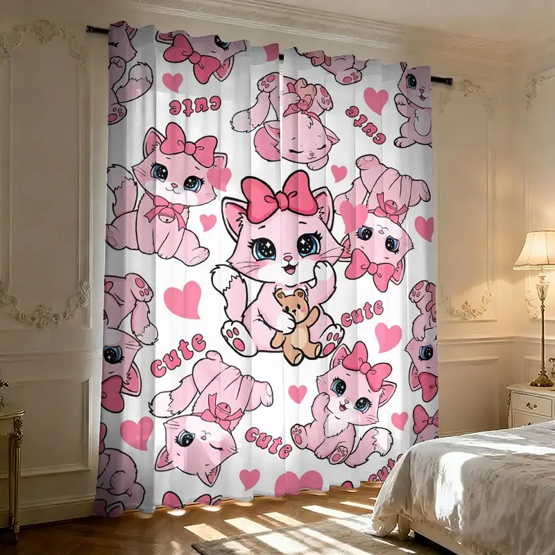 2-piece set of cute pink cartoon cat Window Curtains, featuring a girly style for children's rooms, with semi-blackout polyester material, perfect for princess rooms and bedrooms
