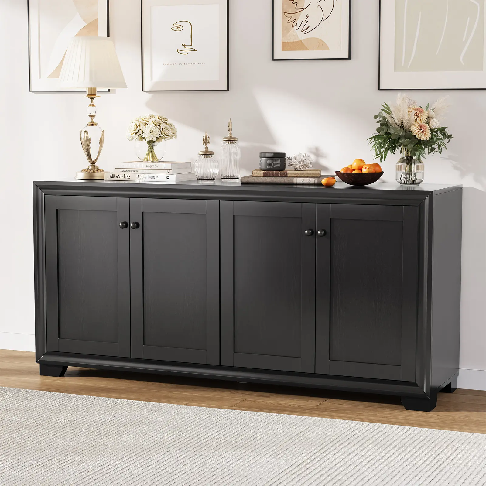 Buffet Cabinet with Storage, 4-Door Sideboard with Adjustable Shelves, Modern Farmhouse Coffee Bar Console Table