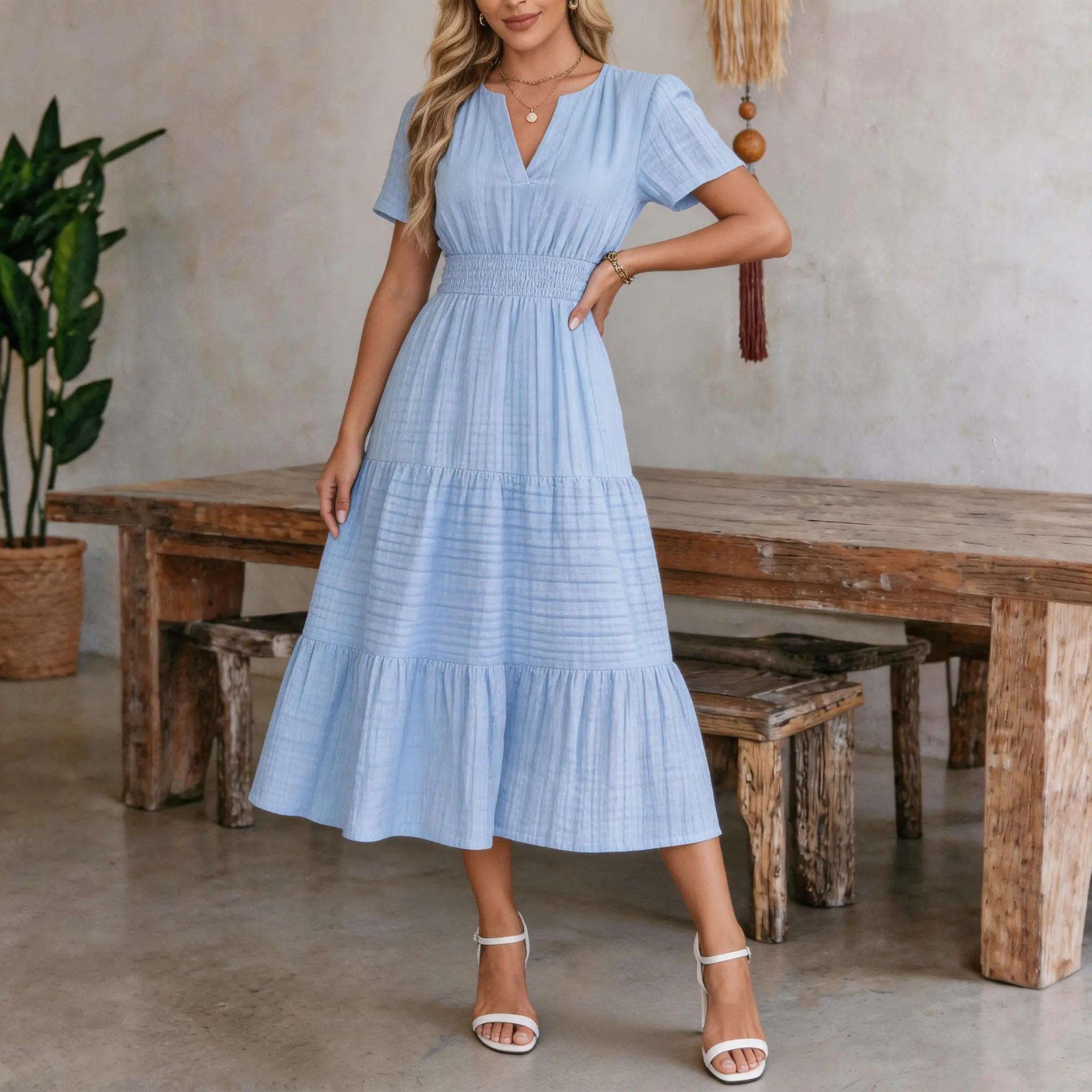 Women's Summer Casual Midi Dress - Lightweight Short Sleeve, V-Neck, Elastic Waist, Boho Beach Style - Basic Casual Wear, Minimalist Design, Sequin Accents #SummerVibes, Sparkly, Shortsleeve