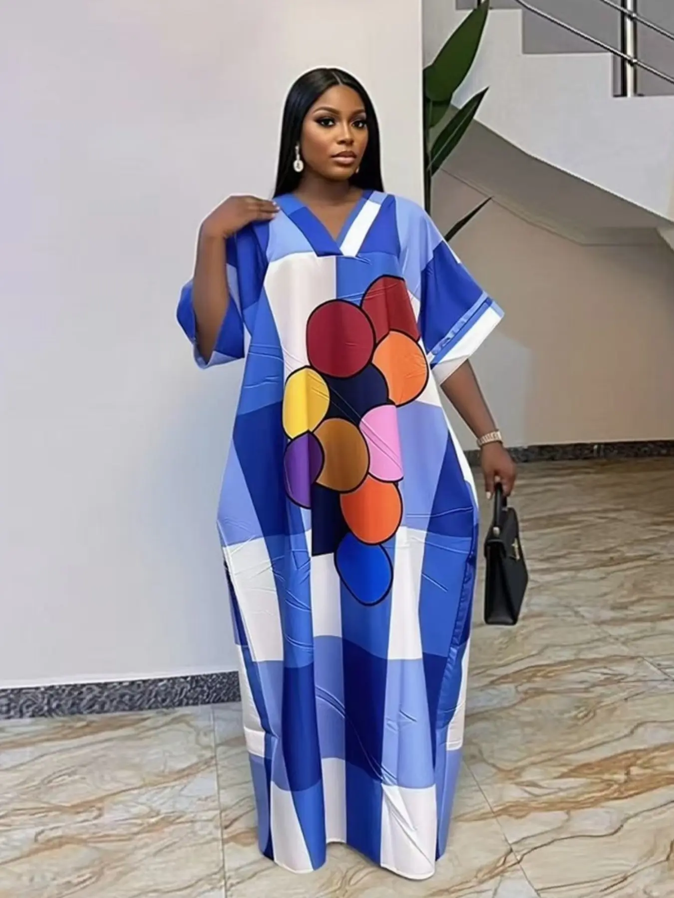 African Nigerian Style Women's Dress, Print Patchwork Loose Fit Ethnic Boubou Kaftan, Summer V Neck Short Sleeve, Casual Elegant Dress, Elegant Party Dress with Pockets, African Wear