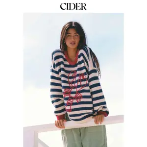 Cider Knit Stripe Lobster Graphic Long Sleeve Contrasting Binding Oversized Top SummerFinds