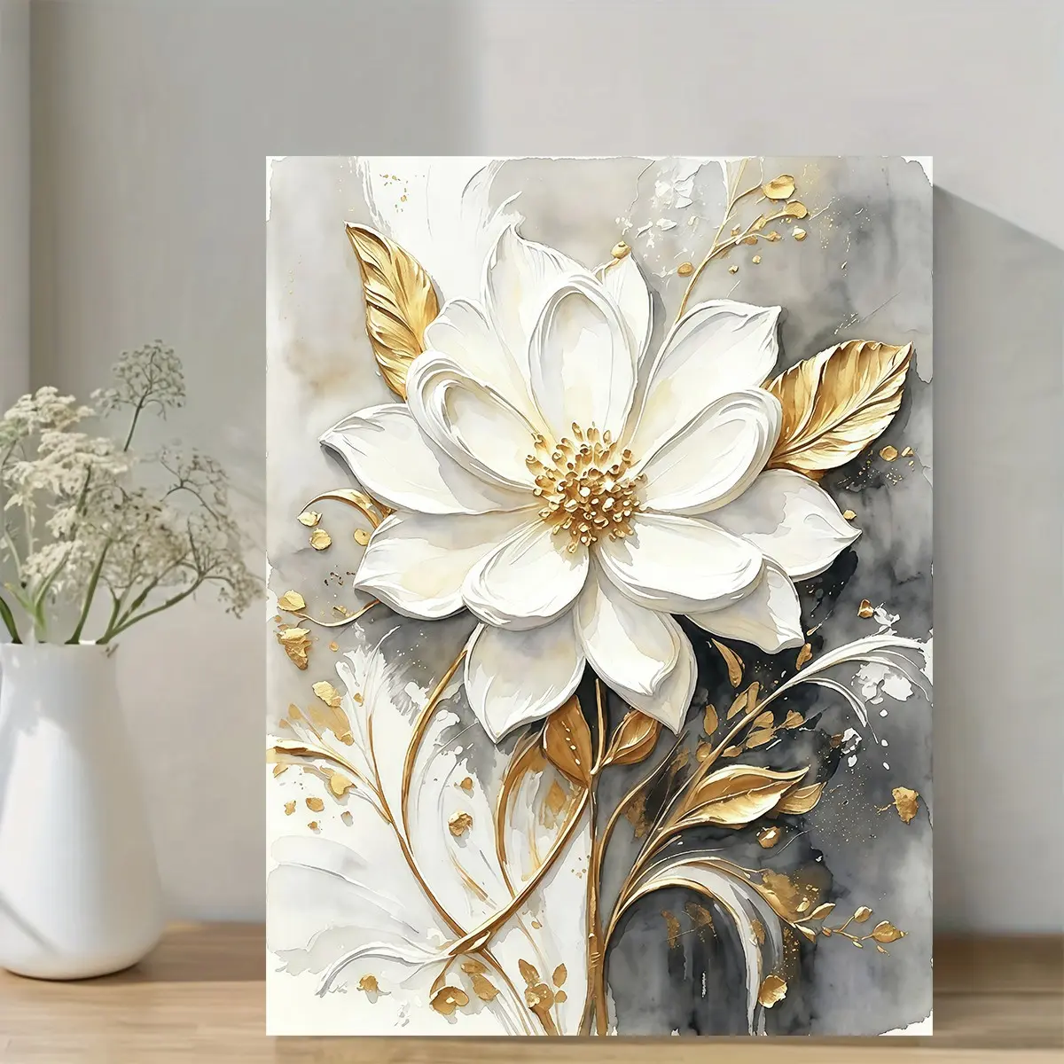 2D Flat Gold Leaf and White Flower Framed Canvas Wall Art, Decorative Artwork, Aesthetic Wall Decor - Modern Abstract Floral Painting, Cream and Gold Tone, Vertical Version for Home & Office Decoration - Ready to Hang Holiday