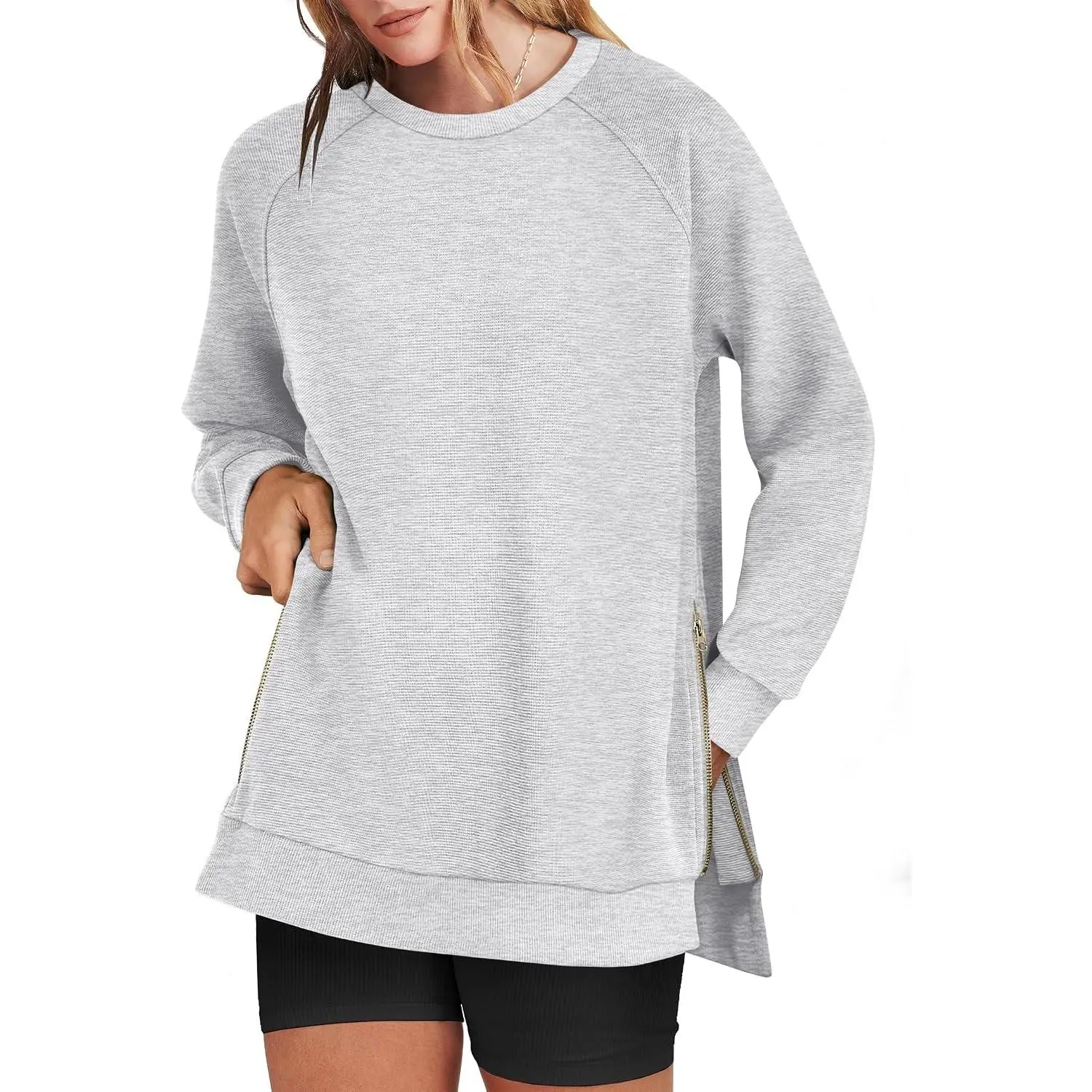 Women's Fashion Oversized Round Neck Longsleeves Tunic Sweatshirt - Side Zipper, Split Hem Pullover, Loose Fit, Casual Lounge Tops for Daily Office Outfits, Spring Fall Womenswear