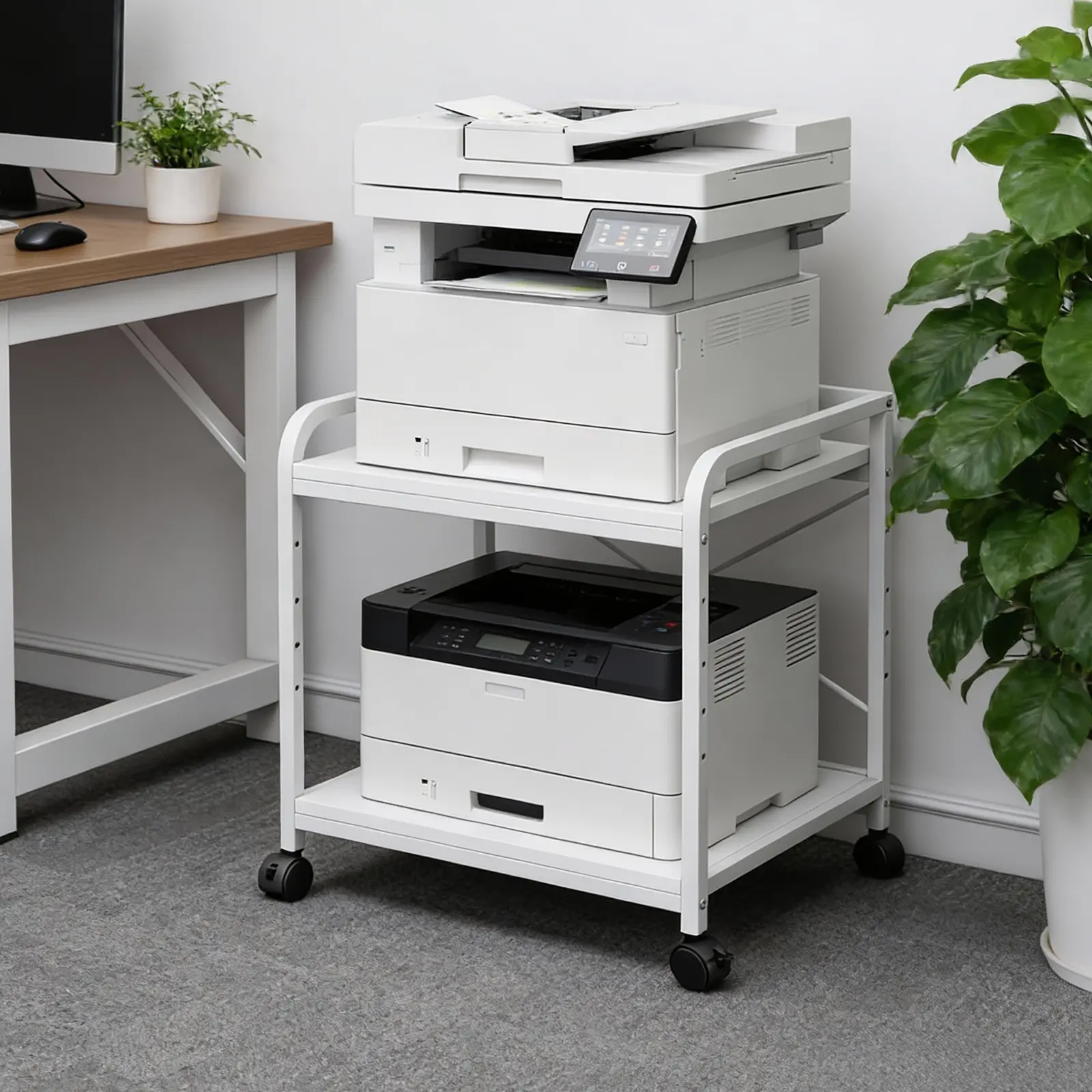 Metal Frame 2-Tier Under Desk Printer Cart, 20" Deep Rolling Organiser with Wheels Base, Height-Adjustable Shelf, Mobile Home Office Storage for Scanner