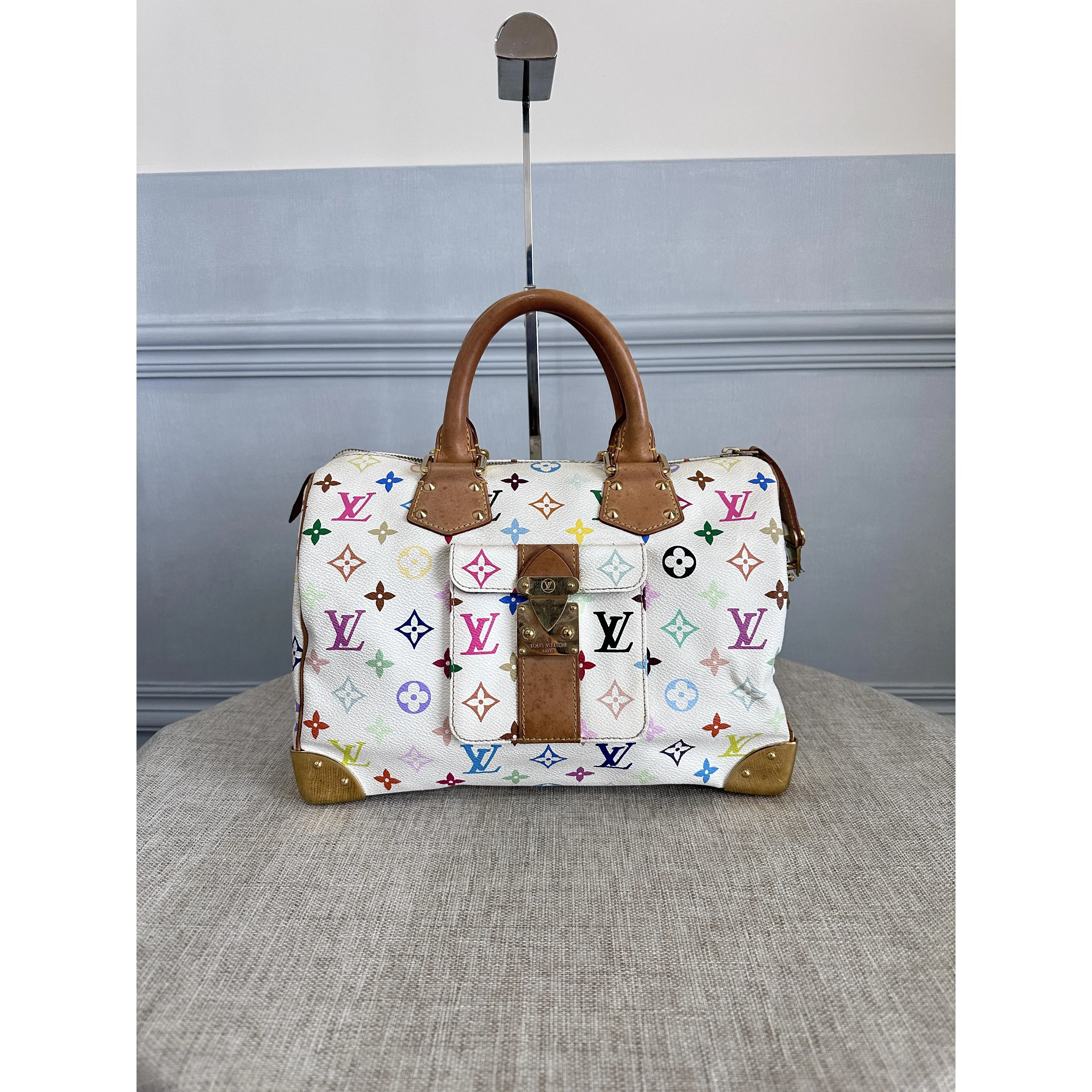 Pre-owned Louis Vuitton Monogram Multicolore White Speedy 30 Top Handle Bag with Front Pocket Authentic Bag, Daily Use Commuter Handbag