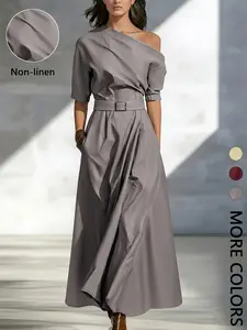This Asymmetrical Maxi Dress is Minimalist Luxury Vibes Chic Off Shoulder Belted Draped Dress with Pocket