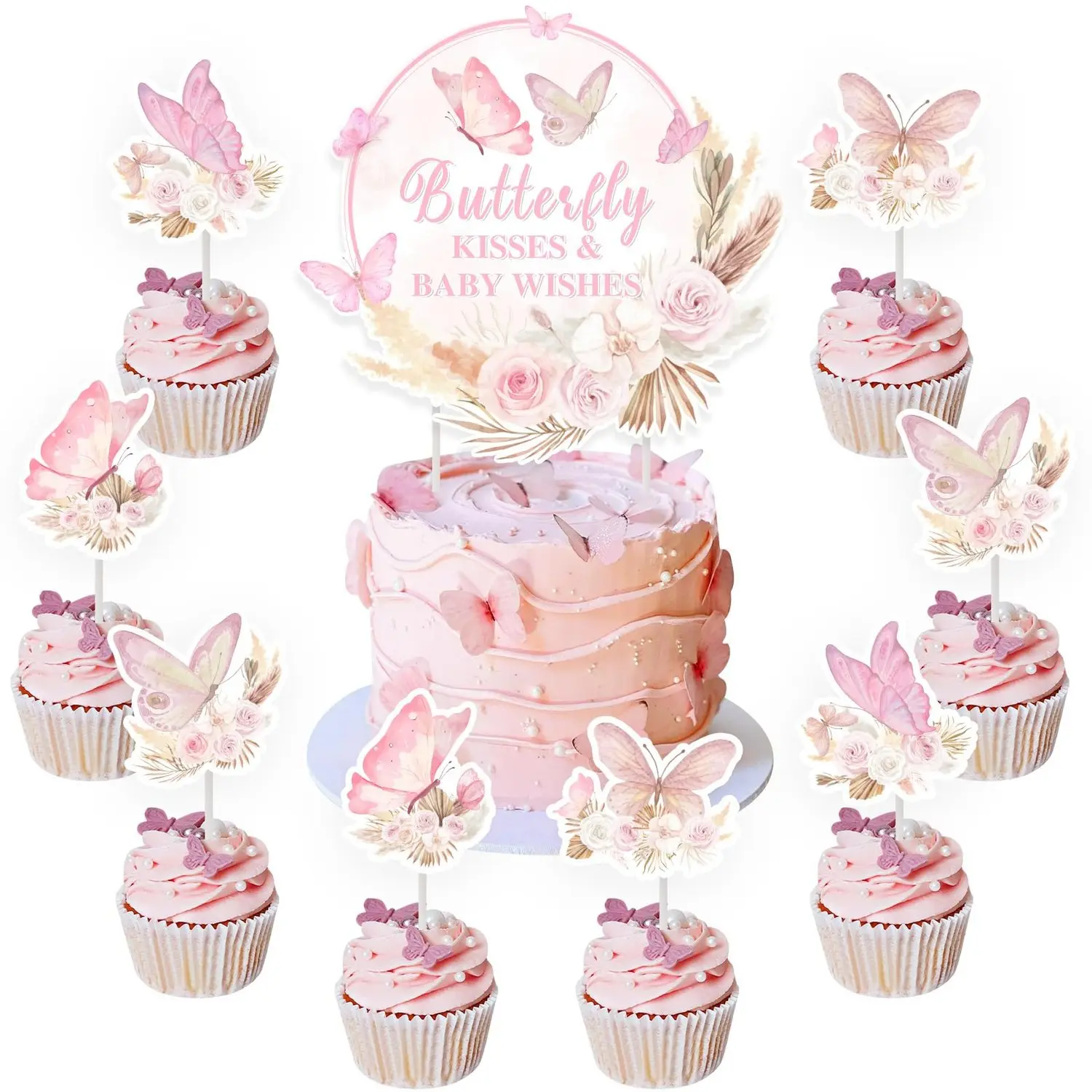 1Set Butterfly Baby Shower Cake Topper 24 Pcs Cupcake Picks with 1 Pc Butterfly Kisses and Baby Wishes Cake Topper Girls Themed Baby Shower Decorations