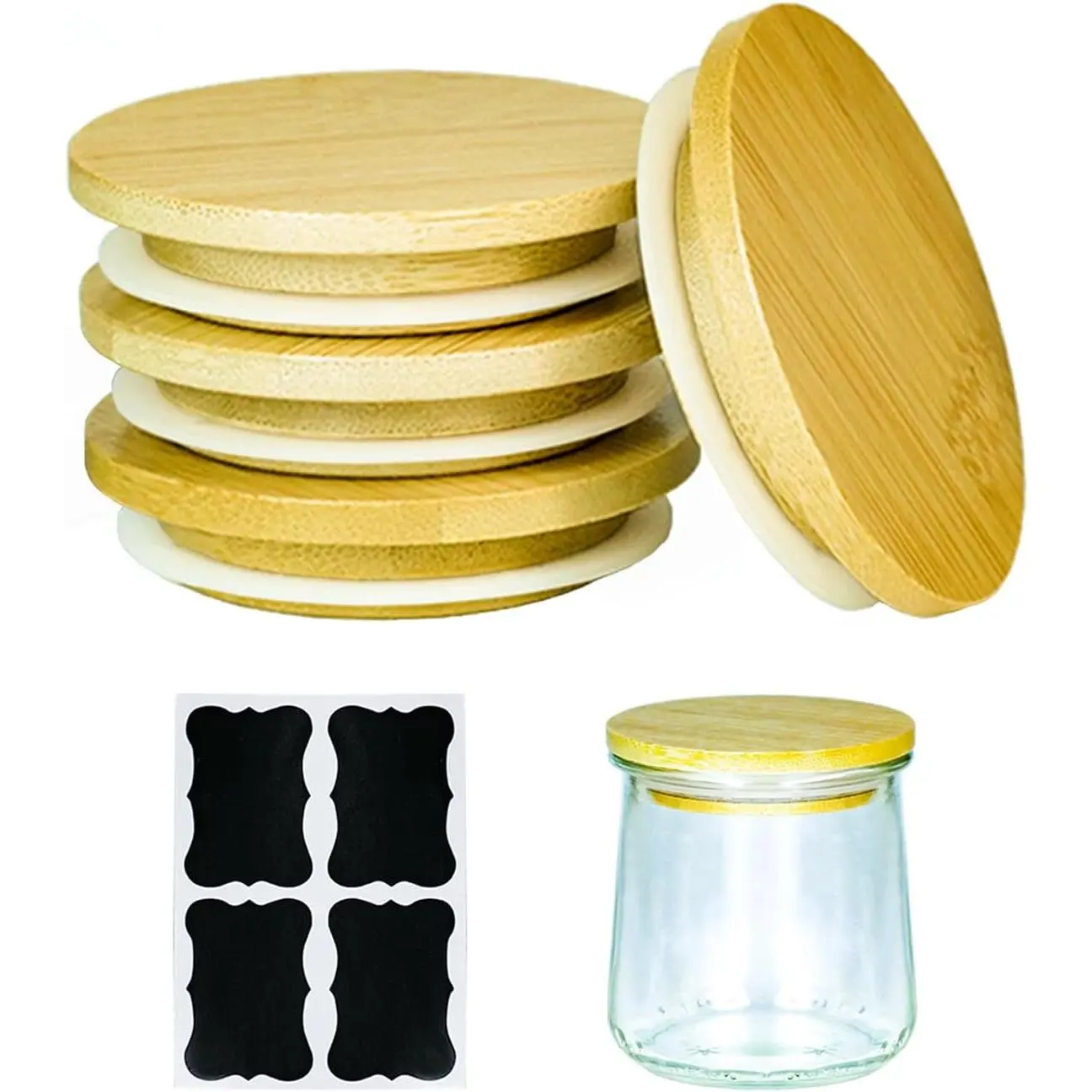 4 Pack  Yogurt Jar  with 4 Labels, -Grade   for 5Oz  Yogurt Jars,  Wooden Canning Covers  for  Yogurt Bottle with Airtight Seal Ring(Jar not Included)