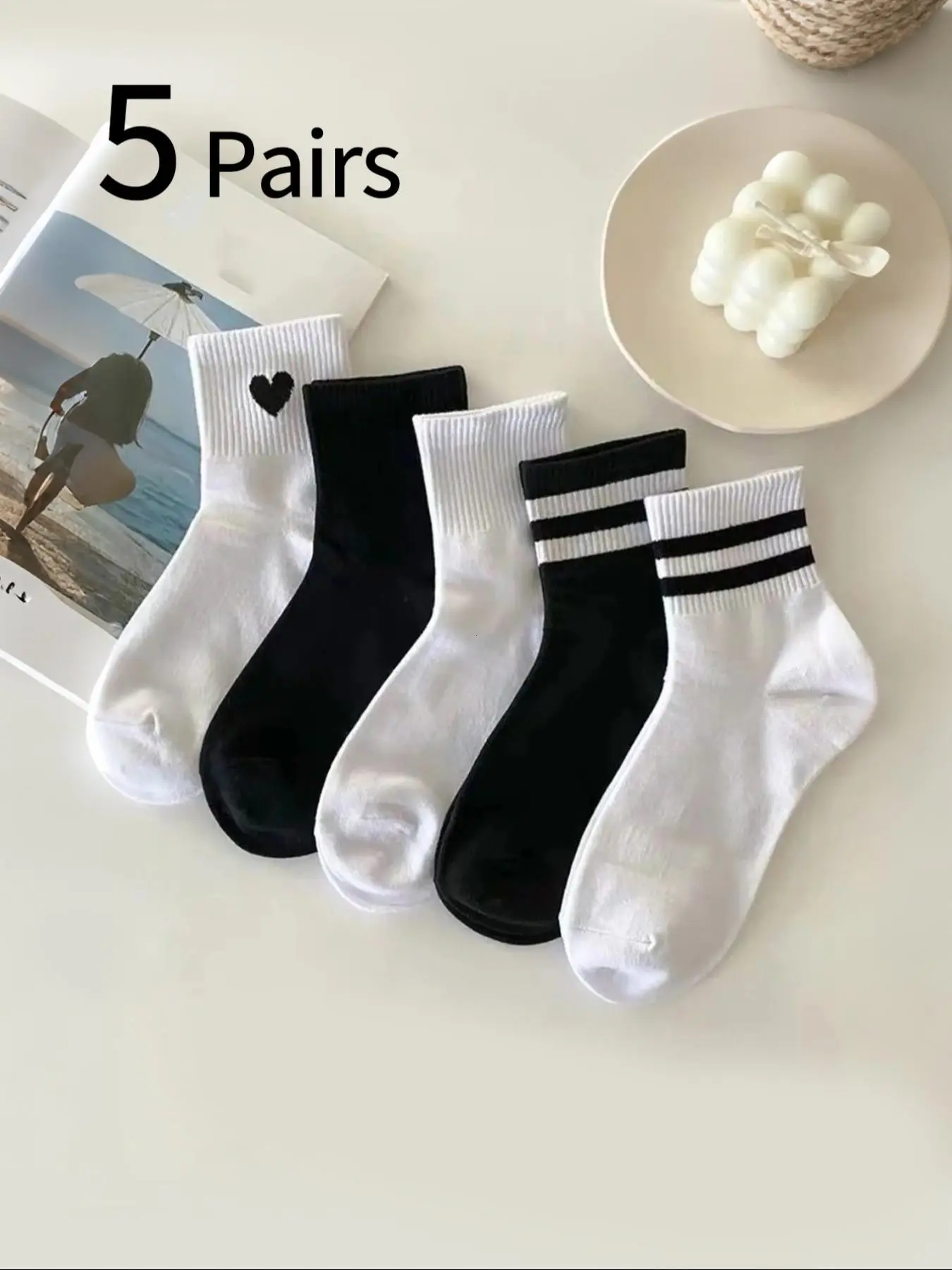 5 Pairs Women's Striped Heart Ankle Socks, Japanese Style Fashion, Long Tube Socks, Spring Summer Fall Winter, Student Socks