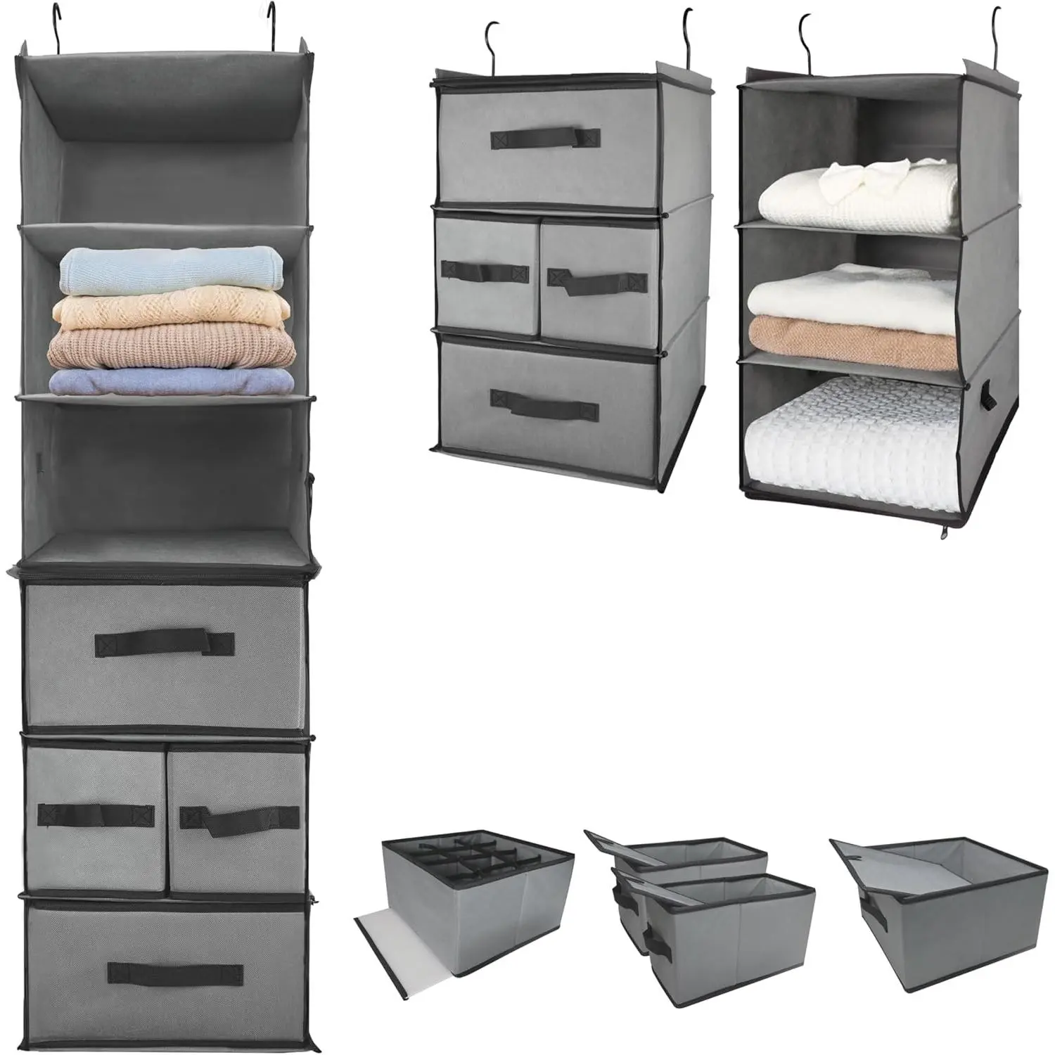 2-in-1 Durable 6-Tier  Closet Organizer with 4 Removable Drawers,2 Separable 3-Tier Thickened Fabric  Shelf Clothes Storage Organization Space-saving for Bedroom,Dorm,Guestroom,RV,Travel