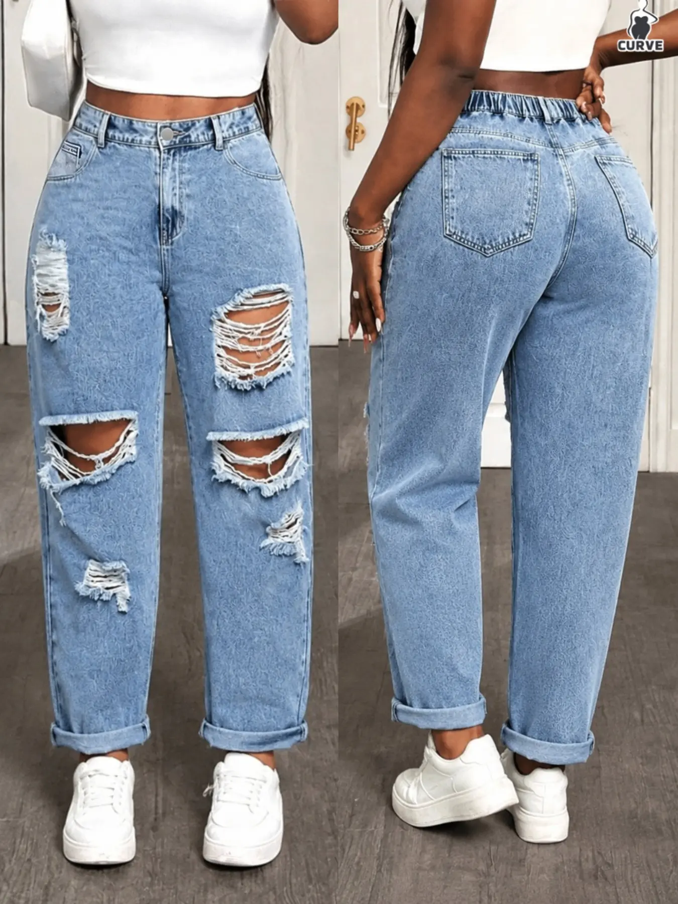 Women's Plus Size Curvy Ripped Denim Button Jeans, Fashionable Cuffed Straight Leg Jeans, Non-Elastic High Waist Design, Perfect for Casual Wear