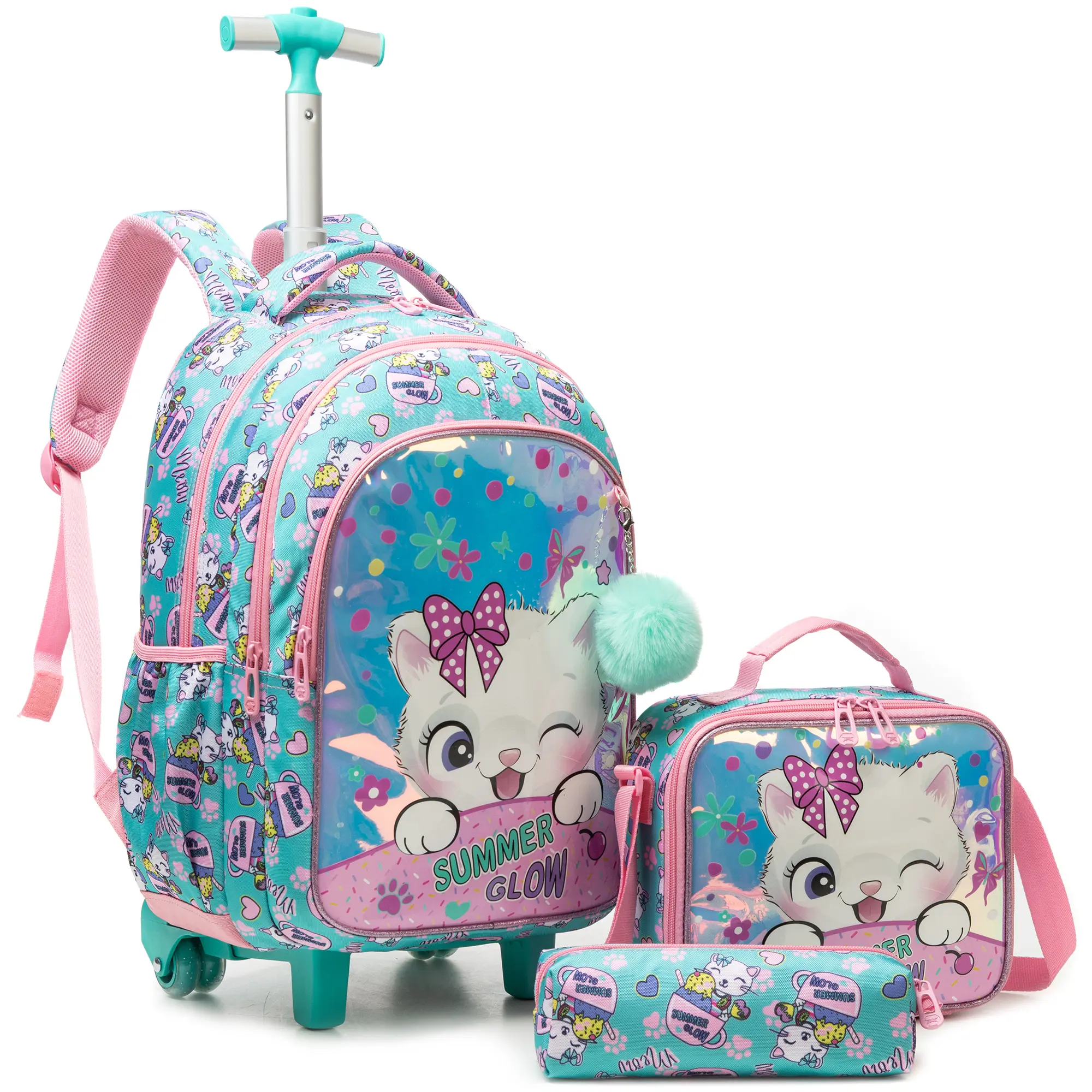 3-Piece Girls Cute Winking Kitty Rolling Backpack Set | Summer Glow Holographic Glossy Cat Schoolbag with Insulated Lunch Bag & Pencil Case | Pastel Teal Trolley Bookbag for Preschool & Kids